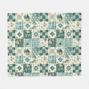 Teal Quilt Patchwork Gingham Cottagecore Floral  Fleece Blanket