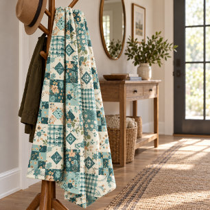 Teal Quilt Patchwork Gingham Cottagecore Floral Fleece Blanket