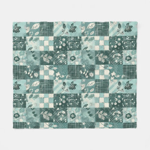 Teal Quilt Patchwork Gingham Cottagecore Floral  Fleece Blanket