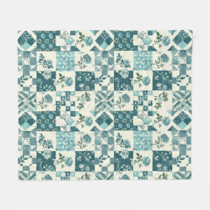 Teal Quilt Patchwork Gingham Cottagecore Floral  Fleece Blanket
