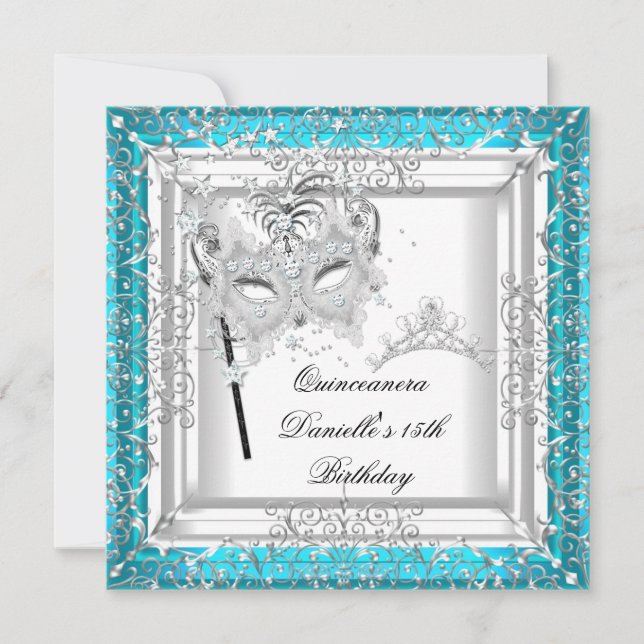 Teal Quinceanera 15th Birthday Tiara Masquerade Invitation (Front)