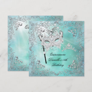 Teal Quinceanera 15th Birthday Tiara Masquerade Invitation