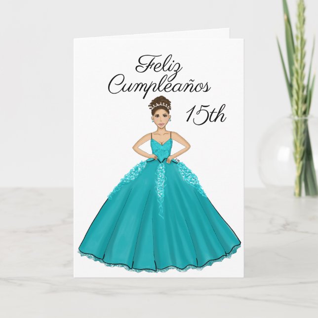 Teal Quinceanera Fashion Spanish 15 Birthday Card (Front)