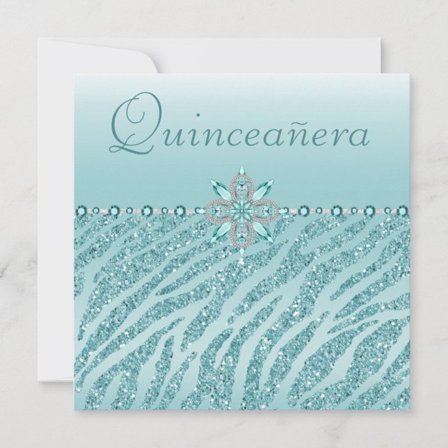 Teal Quinceanera Printed Jewels & Zebra Glitter Invitation (Front)