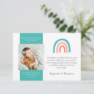 Teal Rainbow Photo New Baby Thank You Card
