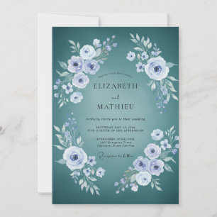Teal Ranunculus Foliage Eucalyptus Wedding Invitation