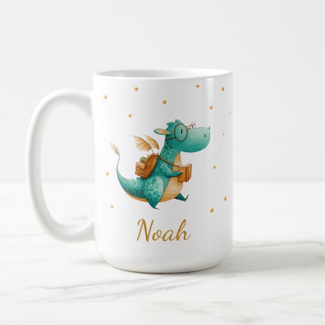 Teal Reading Dragon Mug – Personalised Boys’ Name (Left)