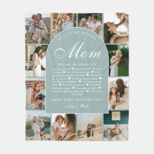 Teal Reasons We Love You Mom Photo Grid Collage Fleece Blanket