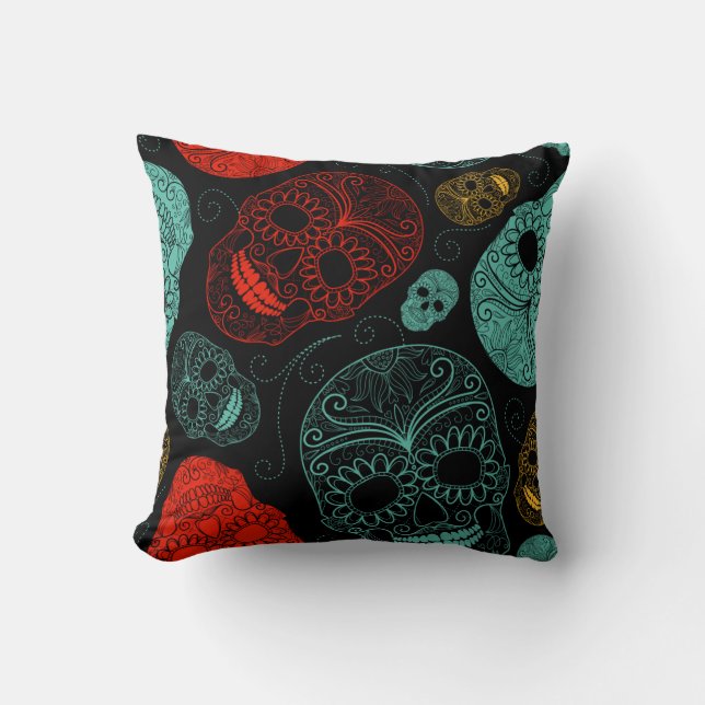 Teal Red Black Skull Throw Pillow (Front)