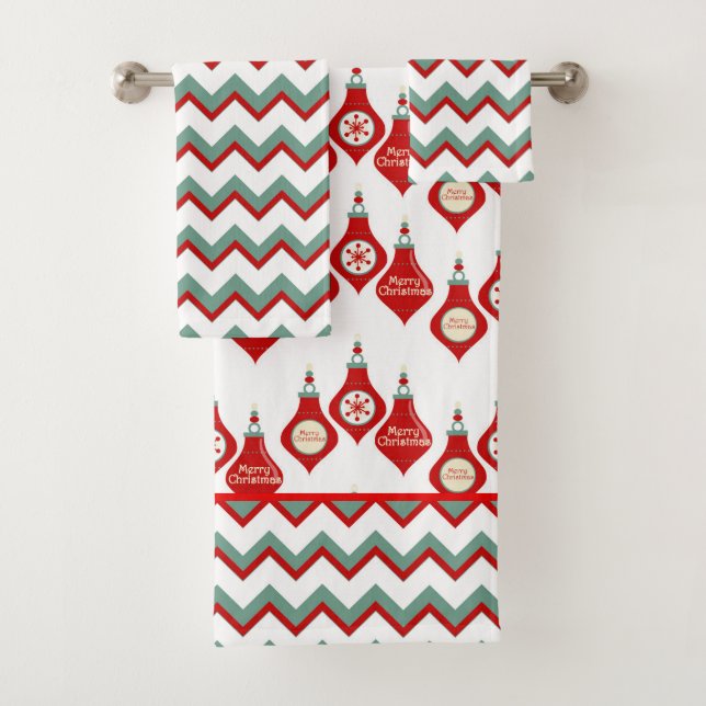 Teal Red Chevron Christmas Bulbs Bath Towel Set (Insitu)