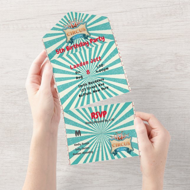 Teal Red Circus Tent Birthday Party  All In One Invitation (Tearaway)
