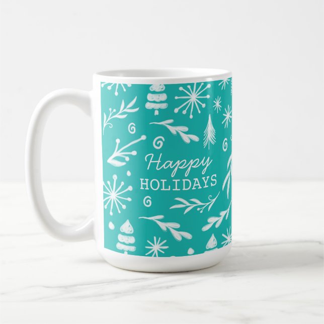 Teal & Red Festive Pine Trees & Snowflakes Photo Coffee Mug (Left)