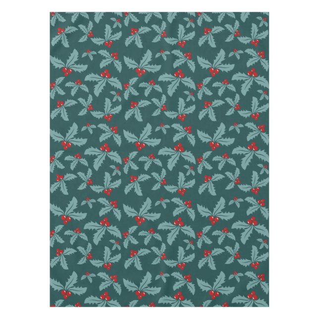 Teal Red Holly and Berries Christmas Design Tablecloth (Front)