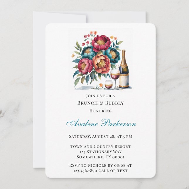Teal Red Orange Bouquet Floral Brunch & Bubbly Invitation (Front)