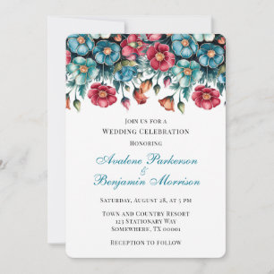 Teal Red Orange Bouquet Floral Wedding Celebration Invitation
