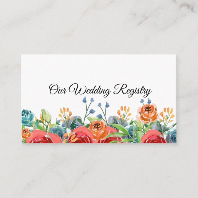 Teal Red Orange Roses Gold Wedding Registry Enclosure Card (Front)