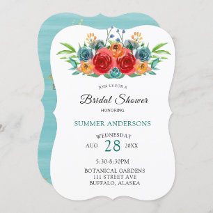 Teal Red Orange Watercolor Roses Bridal Shower Invitation