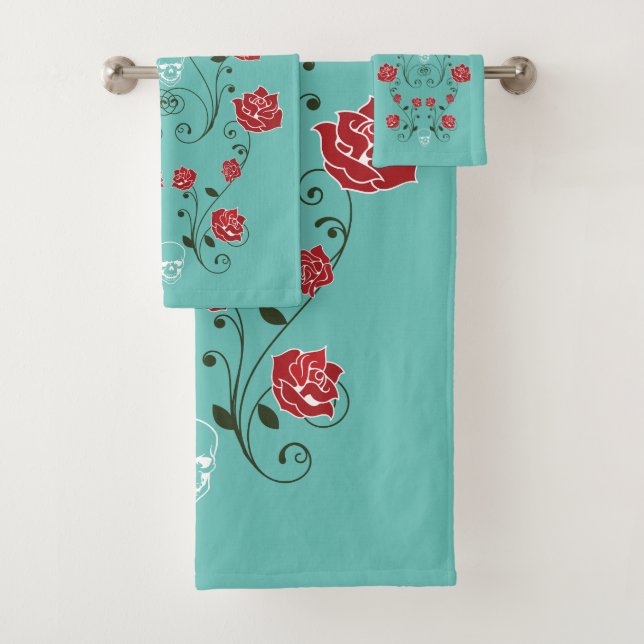 Teal Red Roses & Skulls Bath Towel Set (Insitu)
