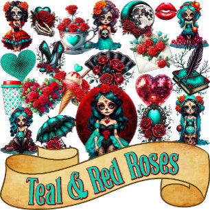 Teal Red Roses Sugar Skull