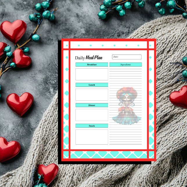 Teal Red Roses Sugar Skull Daily Meal Plan Notepad (Creator Uploaded)