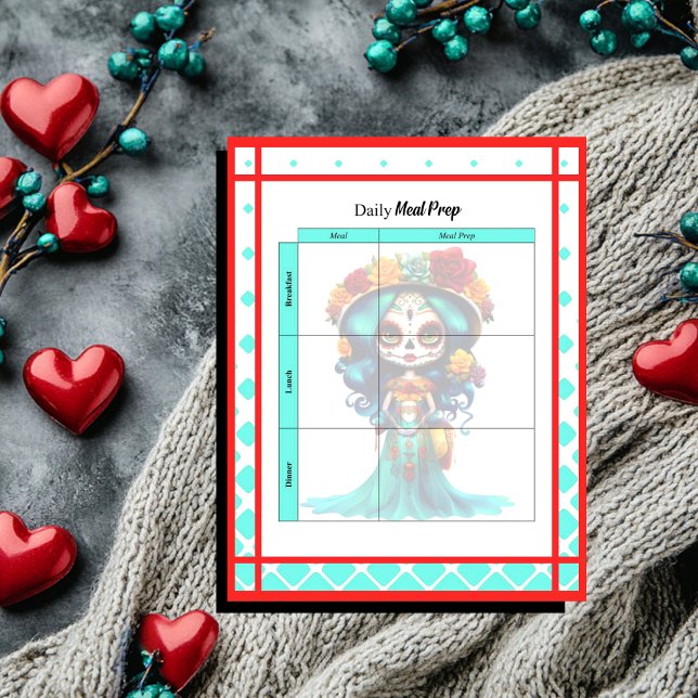Teal Red Roses Sugar Skull Daily Meal Prep Notepad (Creator Uploaded)