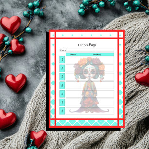 Teal Red Roses Sugar Skull Dinner Prep Notepad