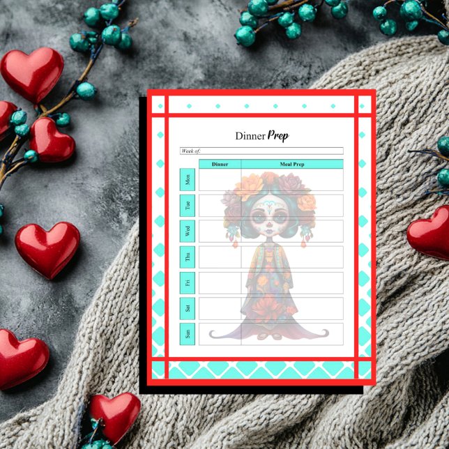Teal Red Roses Sugar Skull Dinner Prep Notepad (Creator Uploaded)