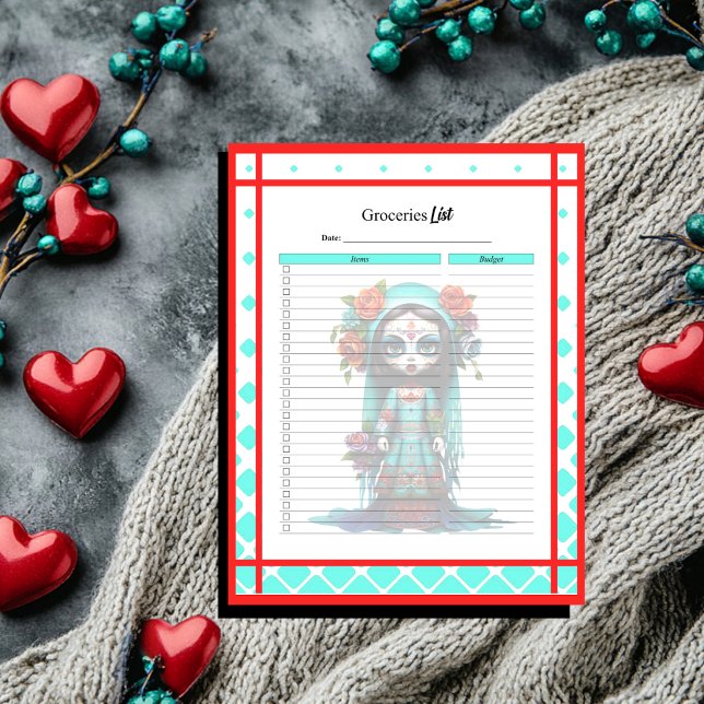 Teal Red Roses Sugar Skull Grocery List Budget Notepad (Creator Uploaded)