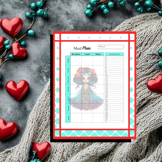 Teal Red Roses Sugar Skull Meal Plans Notepad (Creator Uploaded)