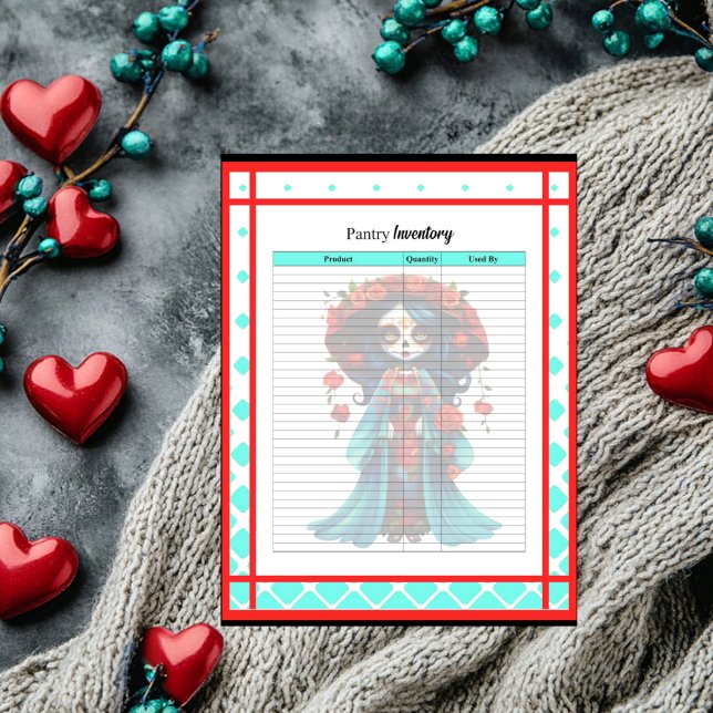 Teal Red Roses Sugar Skull Pantry Inventory Notepad (Creator Uploaded)