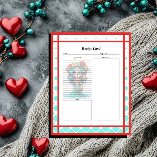 Teal Red Roses Sugar Skull Recipe Card Notepad (Creator Uploaded)