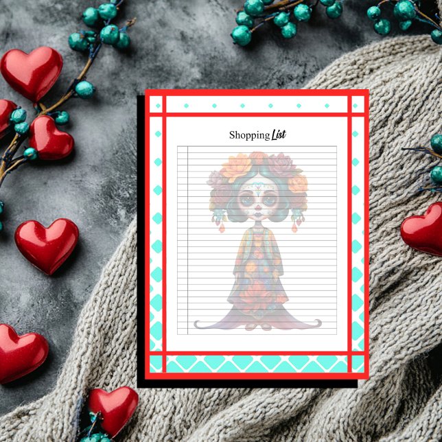 Teal Red Roses Sugar Skull Shopping List Notepad (Creator Uploaded)