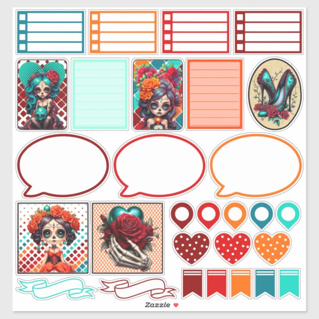 Teal Red Roses Sugar Skulls Set 1 Planner Sticker (Sheet)