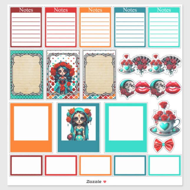 Teal Red Roses Sugar Skulls Set 2 Planner Stickers (Sheet)