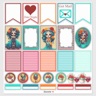 Teal Red Roses Sugar Skulls Set 3 Planner Stickers