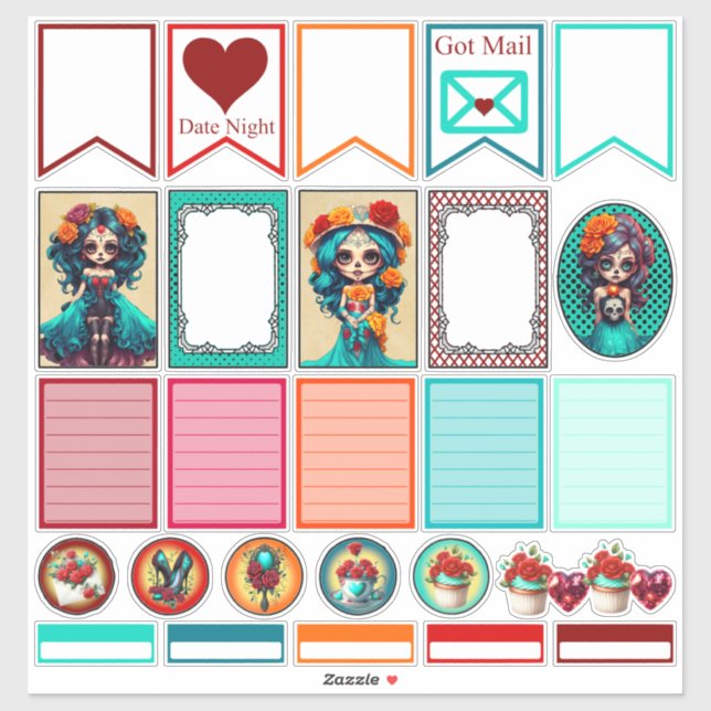 Teal Red Roses Sugar Skulls Set 3 Planner Stickers (Sheet)