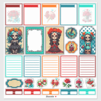 Teal Red Roses Sugar Skulls Set 4 Planner Sticker