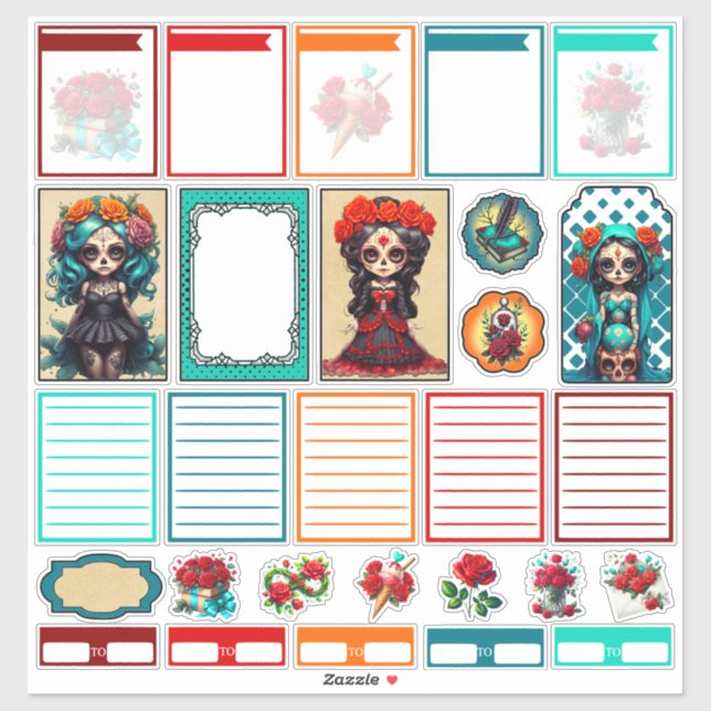 Teal Red Roses Sugar Skulls Set 4 Planner Sticker (Sheet)
