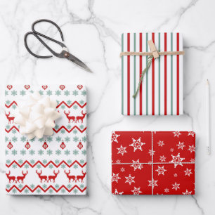 Teal Red Snowflake Reindeer Pattern Wrapping Paper Sheet