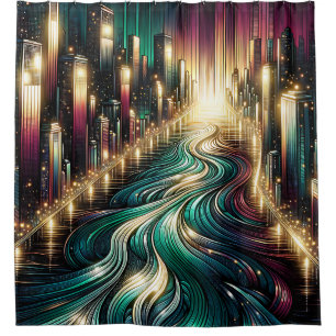 “Teal Reflections: Vibrant Cityscape at Night” Shower Curtain