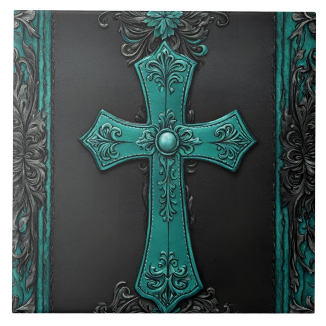 Teal Religious Christian Western Country Cross Ceramic Tile (Front)