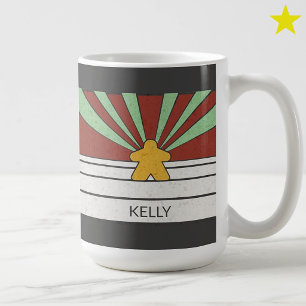 Teal Retro Meeple Stripes Sunburst Custom Name Coffee Mug