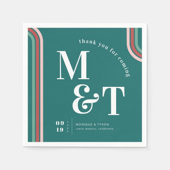 Teal | Retro Seventies Stripes | Wedding Monogram Napkin (Front)