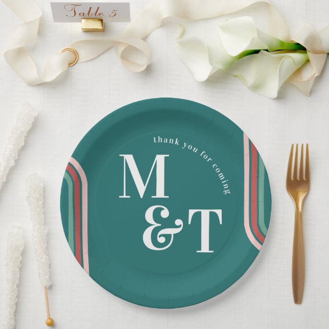 Teal | Retro Seventies Stripes | Wedding Monogram Paper Plate (Wedding)
