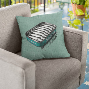 Teal Retro Style Sardine Art Funny Fish Food   Cushion