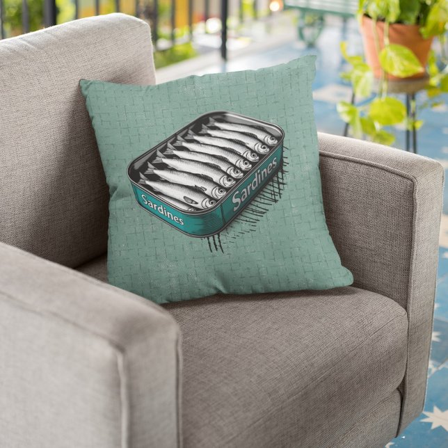 Teal Retro Style Sardine Art Funny Fish Food   Cushion (Creator Uploaded)