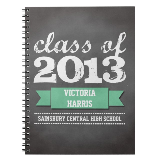 Teal ribbon banner chalkboard graduation student notebook (Front)