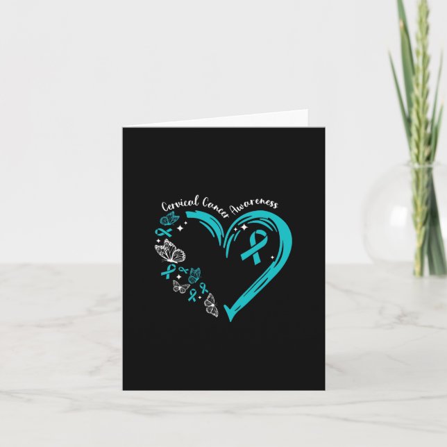 Teal Ribbon Butterfly Heart Cervical Cancer Awaren Card (Front)