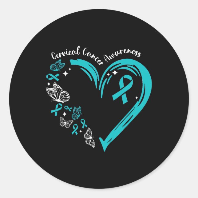 Teal Ribbon Butterfly Heart Cervical Cancer Awaren Classic Round Sticker (Front)