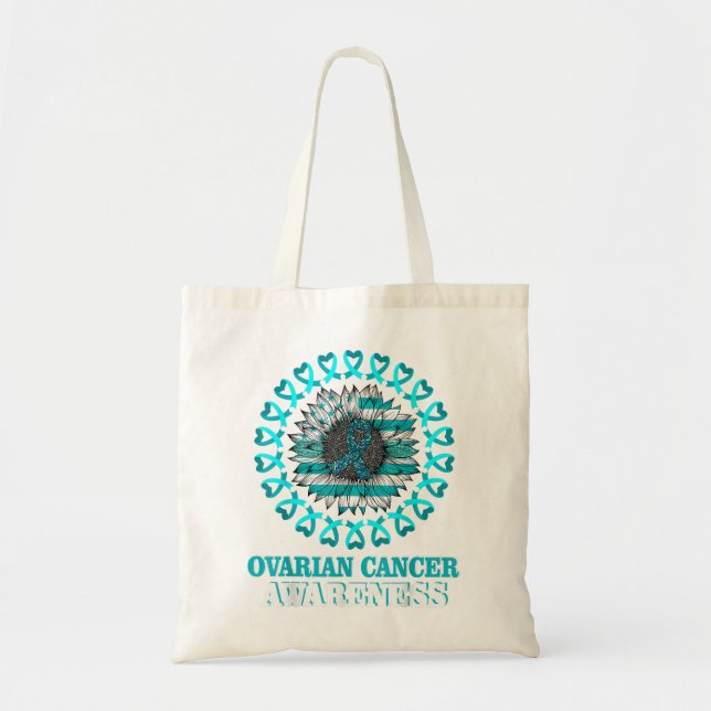 Teal Ribbon Flag Sunflower Ovarian Cancer Awarenes Tote Bag (Front)